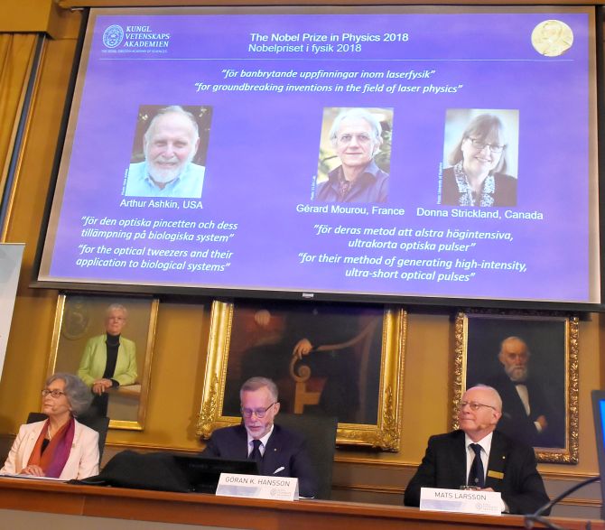 The Nobel Prize laureates for physics 2018 Arthur Ashkin of the United States, Gerard Mourou of France and Donna Strickland of Canada are announced in Stockholm