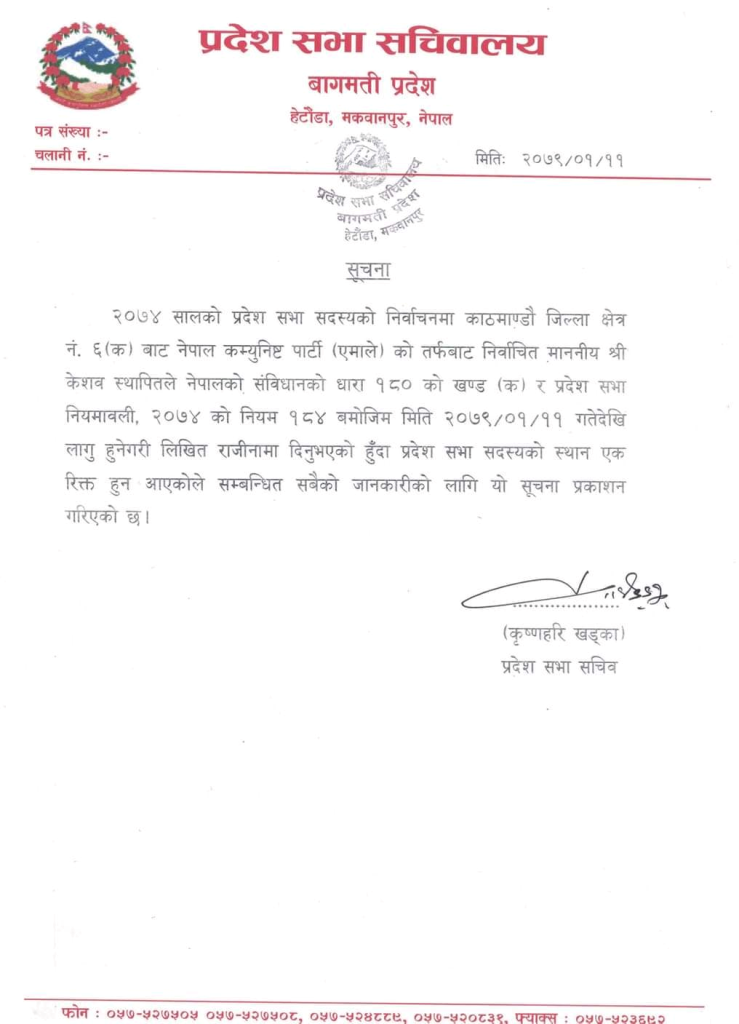 केशव स्थापितले दिए प्रदेश सांसदबाट राजीनामा