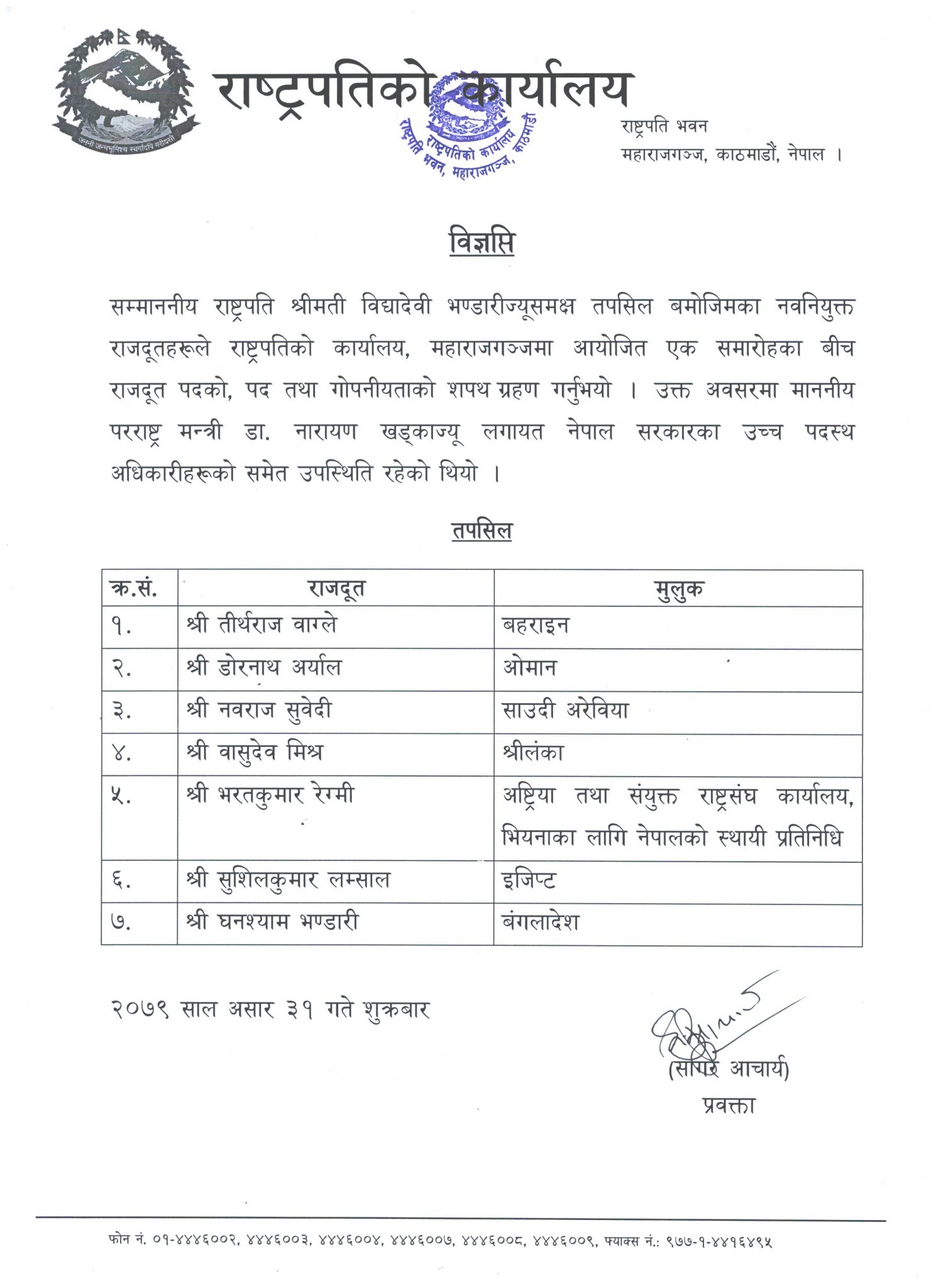 राष्ट्रपति भण्डारीसमक्ष ७ जना राजदूतले लिए सपथ