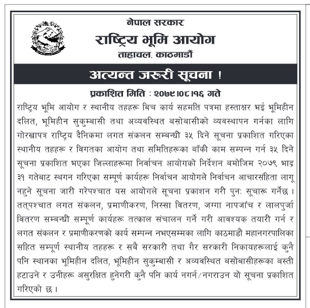 राष्ट्रिय भूमि आयोगले निकालेको सूचना