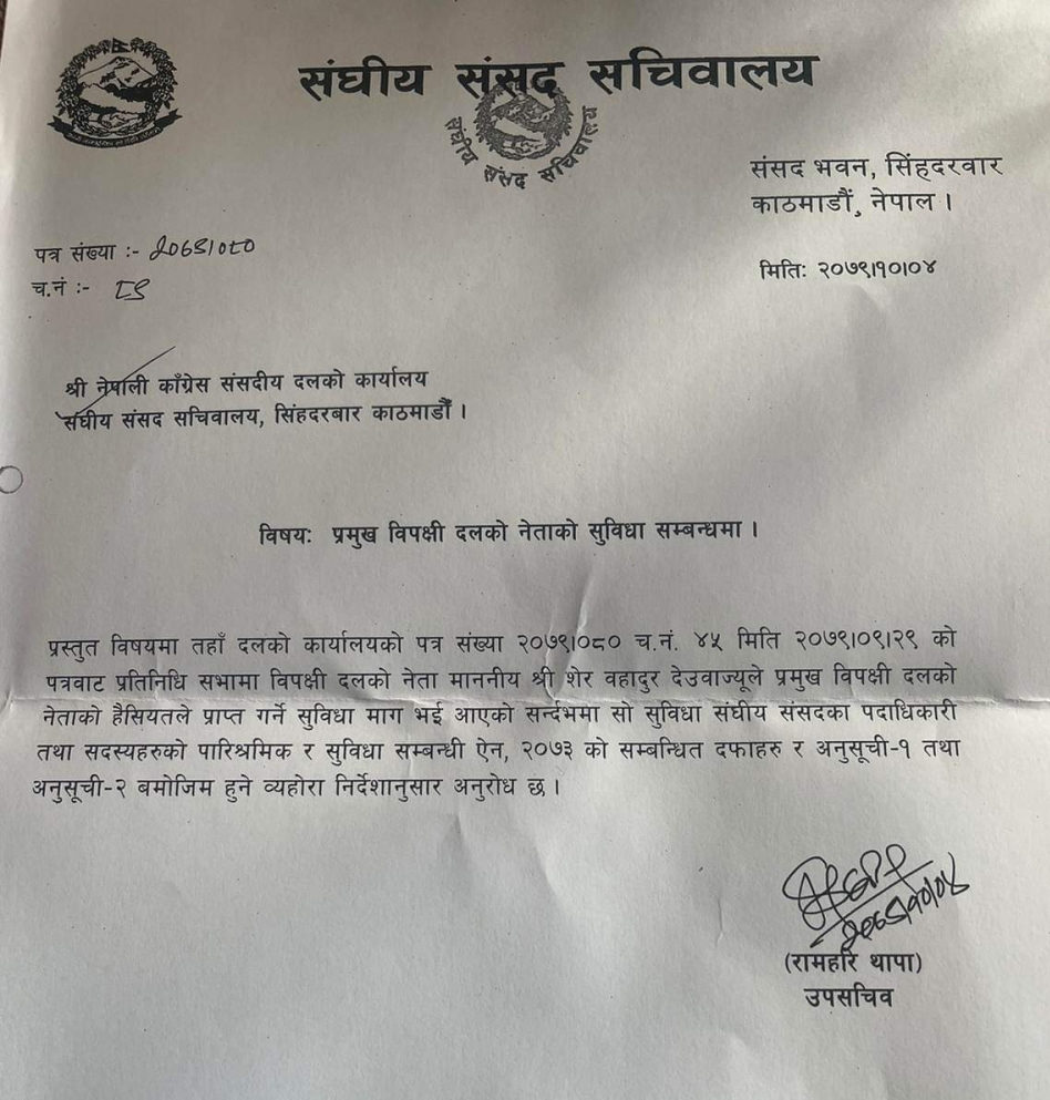 संसद सचिवालयले काँग्रेसलाई पठाएको पत्र