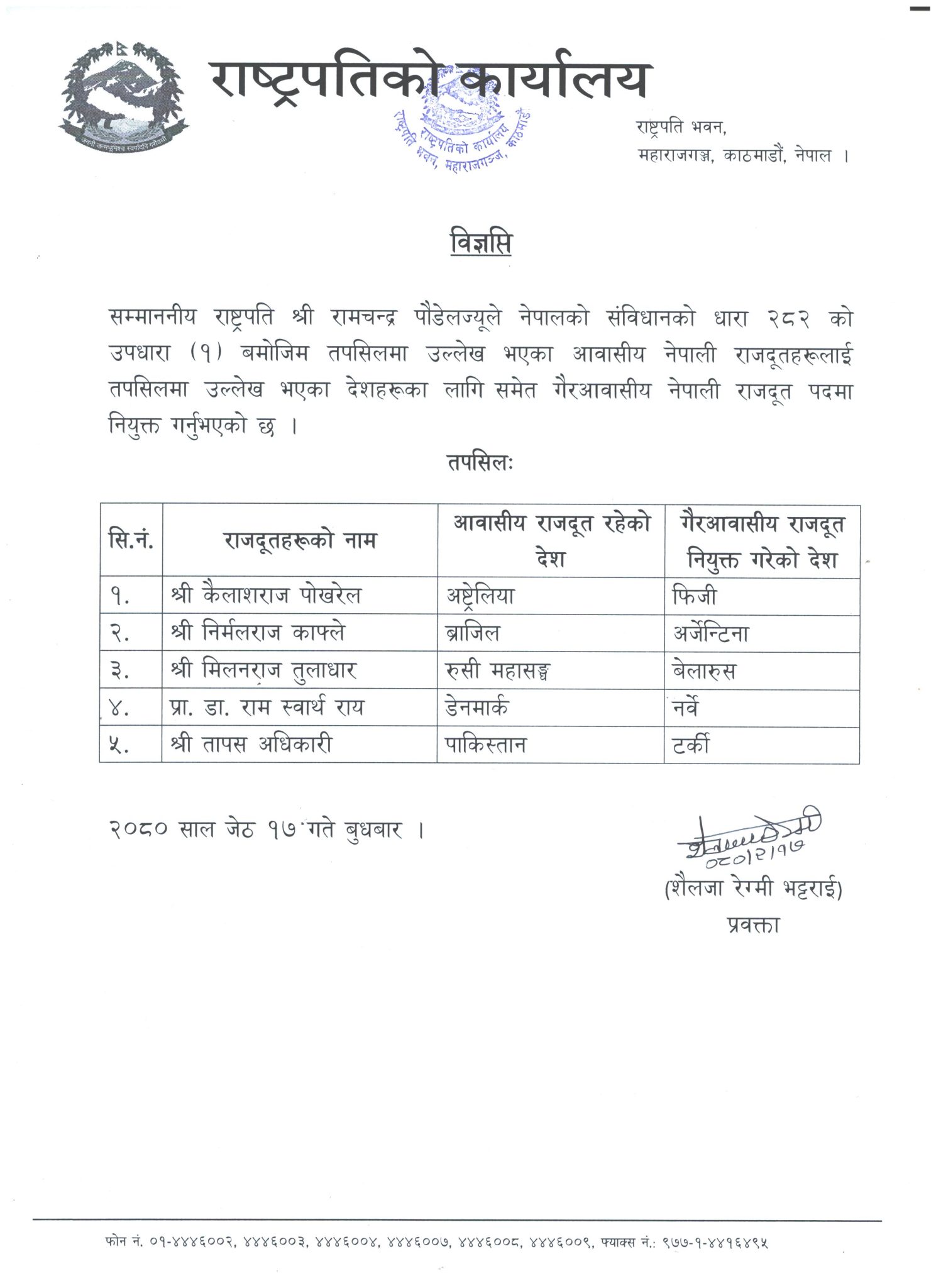 राष्ट्रपति कार्यालयले निकालेको विज्ञप्ति