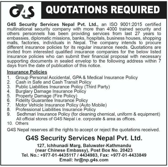 Quotation Required in G4S Nepal for Insurance Policies