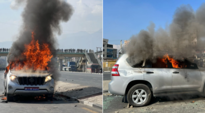 भौतिकमन्त्री ज्वालालाई बाहिर निकालेर आन्दोलनकारी यूवाले जलाए गाडी