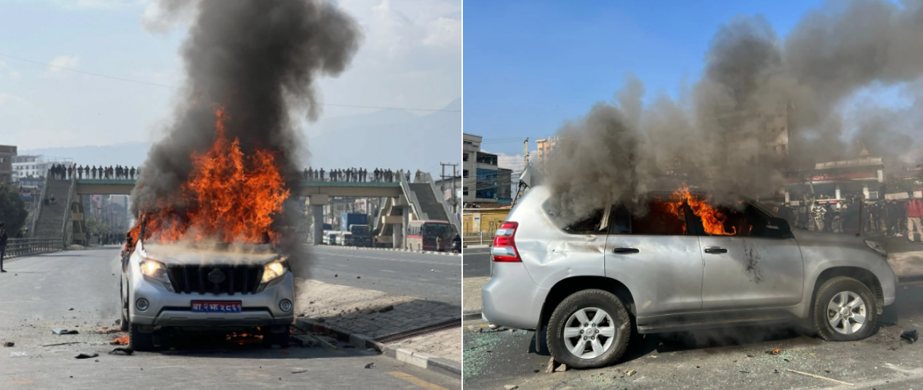 भौतिकमन्त्री ज्वालालाई बाहिर निकालेर आन्दोलनकारी यूवाले जलाए गाडी