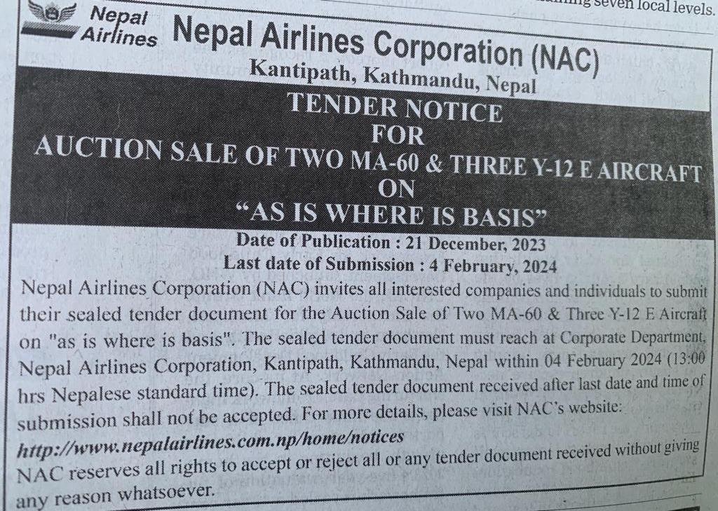 नेपाल एयरलाइन्सले निकालेको सूचना