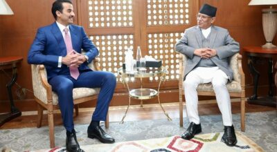 अमिर शेख तमिम बिन हमाद अल थानी र प्रधानमन्त्री प्रचण्ड