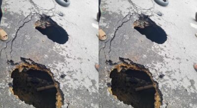 ललितपुरको इमाडाेलमा सडकमा पर्यो ठूलो भ्वाङ