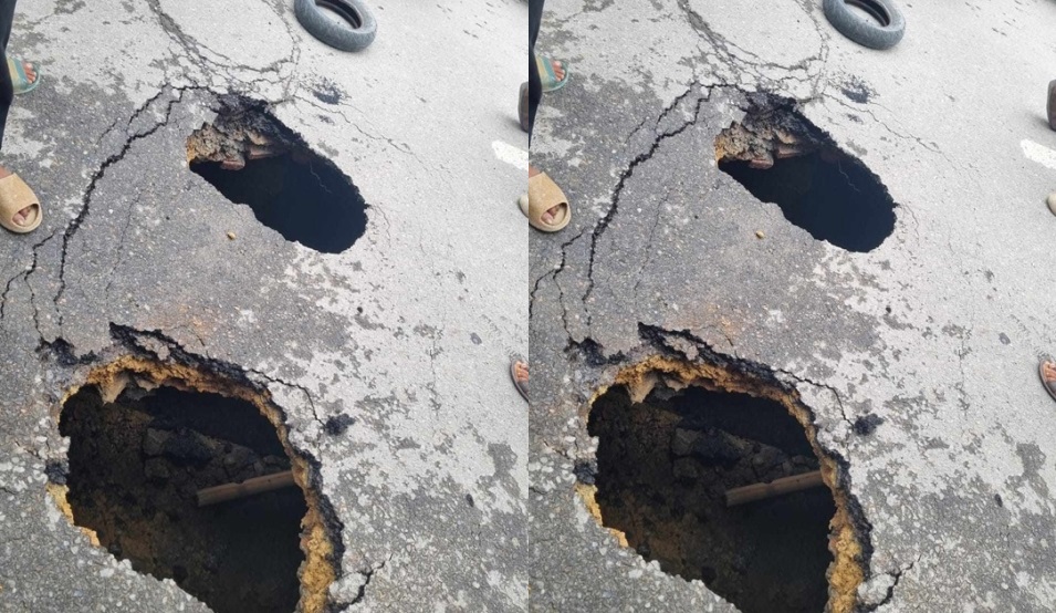 ललितपुरको इमाडाेलमा सडकमा पर्यो ठूलो भ्वाङ