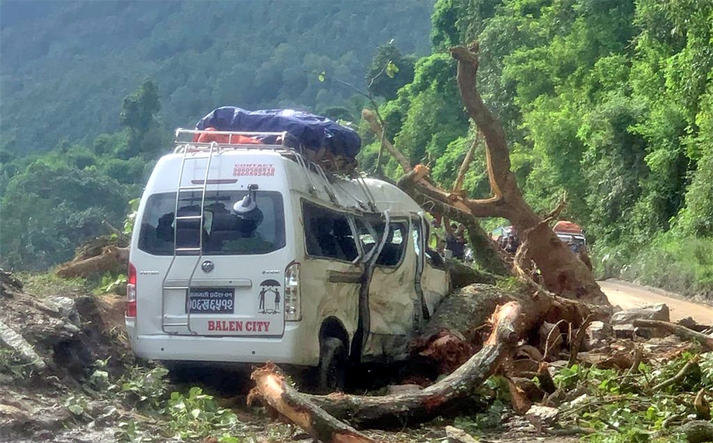 गुडिरहेको माइक्रो बसमाथि रुख ढल्दा ९ जना यात्रु घाइते