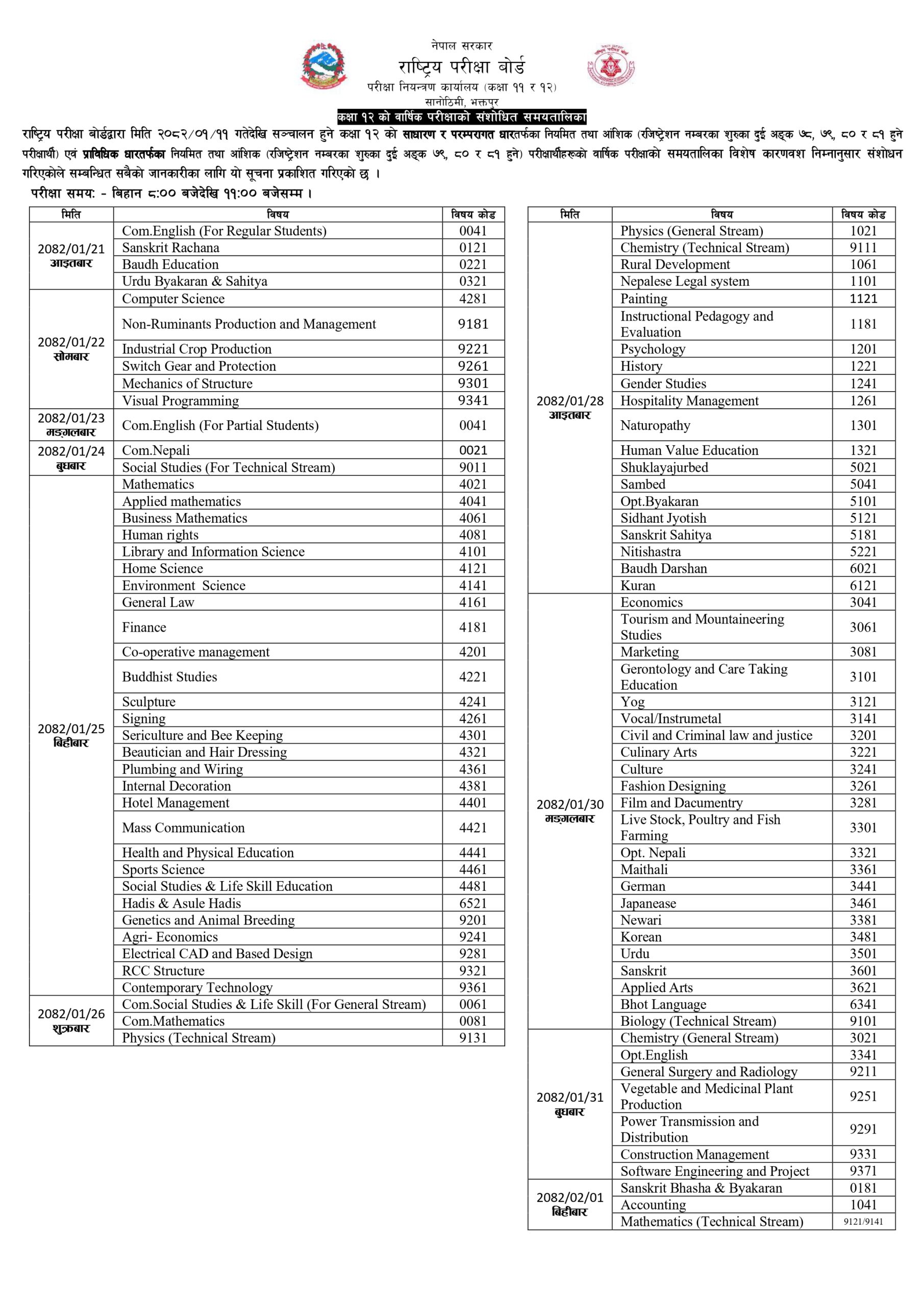 कक्षा १२ को परीक्षा सम्बन्धी संशोधित समयतालिका सार्वजनिक