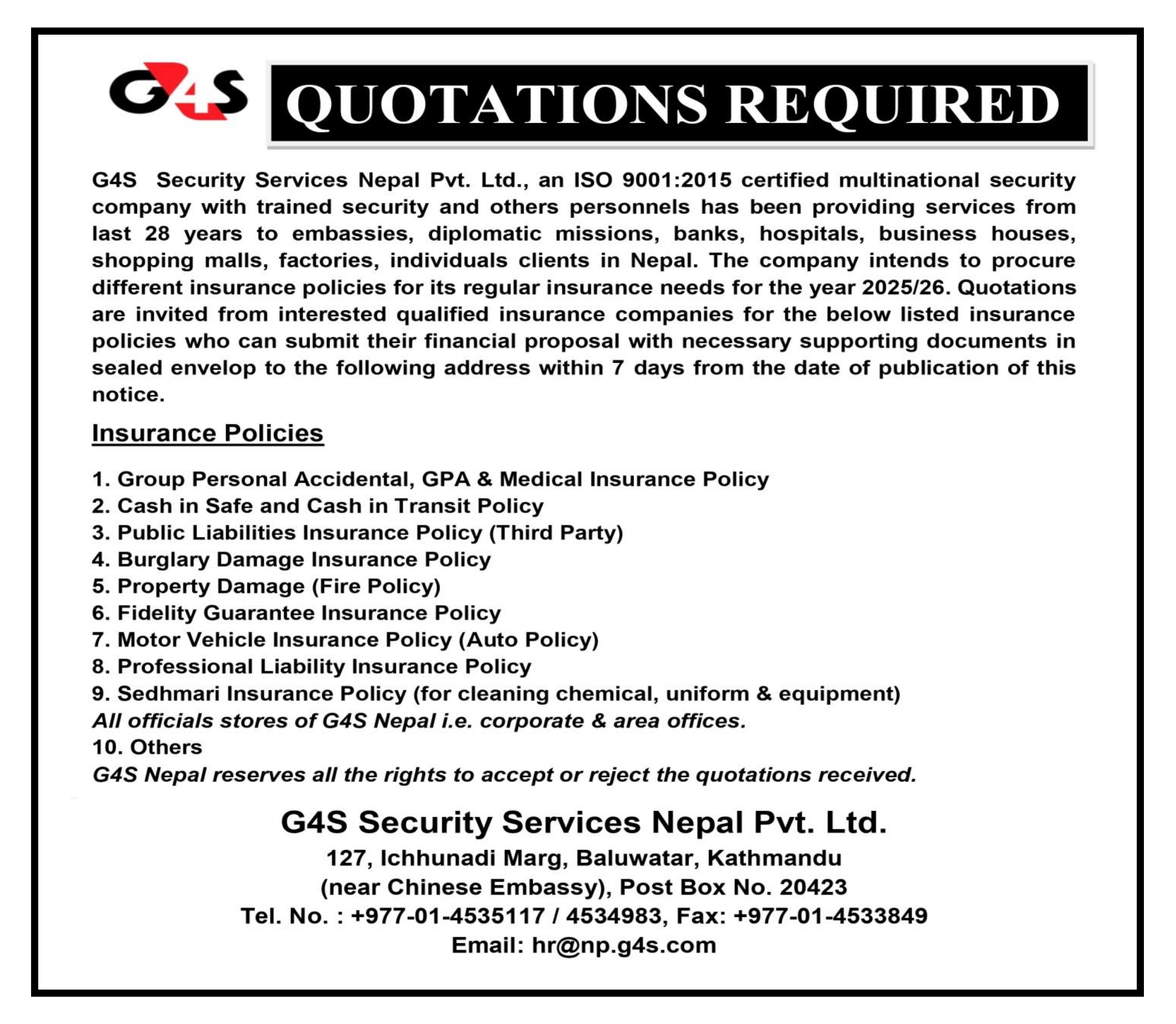 G4S Nepal for Insurance Policies