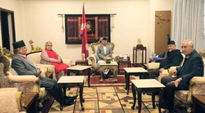 राष्ट्रपति पौडेलसँग प्रधानमन्त्रीसहित तीन दलका शीर्ष नेताको भेट